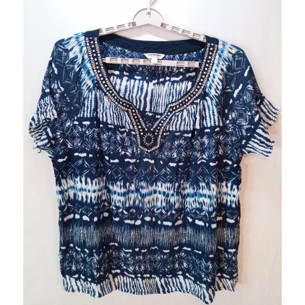 Tantrums Embroidered V-Neck Women's Boho Tribal Short Sleeve Top, 2XL, Blue